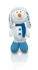 Decorative Christmas toy - a snowman in a winter hat and a blue scarf, with a carrot nose. Isolated object on a white background.