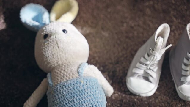 Preparation for expected child at home, ultrasound scan baby pictures, knitted bunny toy and baby shoes on the floor in sunlight, parenthood concept