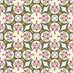 Abstract floral pattern, seamless geometric print in pink, green and yellow colors.
