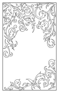 Lace frosty pattern on the window, beautiful winter picture, black and white outline vector.