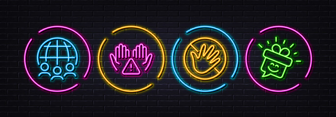 Clean hands, Global business and Do not touch minimal line icons. Neon laser 3d lights. Smile icons. For web, application, printing. Hygiene care, Outsourcing, Not allowed. Gift box. Vector