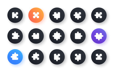 Puzzle icons. Jigsaw Challenge, Strategy, Puzzle pieces icons. Fun solution, Solve piece of problem. Tests person ingenuity or knowledge. Set of Jigsaw puzzle game pieces. Circle web buttons. Vector