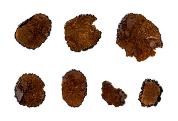 Set of black truffle slices in oil cutout. Truffle carpaccio variety isolated on a white background. Gourmet ingredient taste of Tuber melanosporum. Canned delicacy mushrooms. Macro.