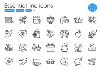 Honeymoon cruise, Wedding glasses and Yummy smile line icons. Collection of Clown, Ask me, Add gift icons. Journey, Puzzle, Sleep web elements. Male female, Call me, Calendar. Heart. Vector