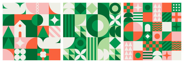 Festive geometric mosaic seamless pattern set with creative abstract shapes. Christmas season background print collection. Scandinavian minimalist shape texture, geometry collage.