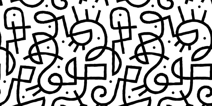 Endless line doodle seamless pattern illustration. Creative minimalist style art background, trendy design with basic shapes. Modern abstract black and white backdrop.