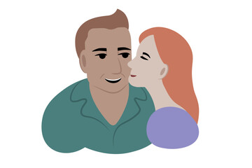 Smiling girl woman kisses amazed boy man. Simple abstract isolated vector illustration.
