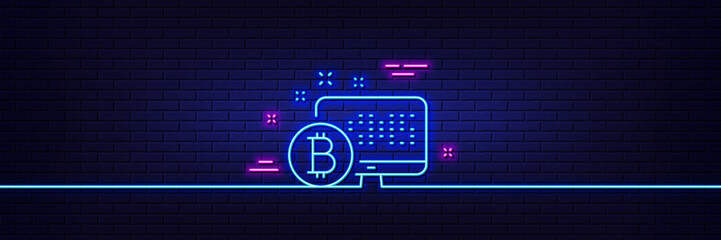 Neon light glow effect. Bitcoin line icon. Cryptocurrency monitor sign. Crypto money symbol. 3d line neon glow icon. Brick wall banner. Bitcoin system outline. Vector - obrazy, fototapety, plakaty