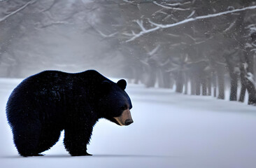 Black bear in  winter snow. Illustration,  - obrazy, fototapety, plakaty