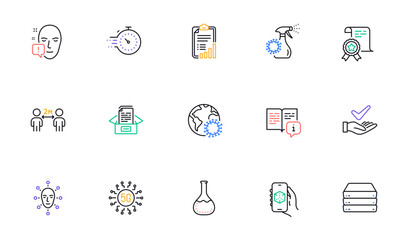 Coronavirus, Dermatologically tested and Manual line icons for website, printing. Collection of Coronavirus spray, 5g technology, Documents box icons. Chemistry lab, Face attention. Vector