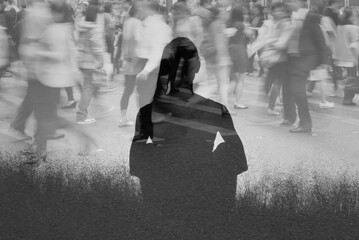 People dealing with stress, anxiety, and mental health in busy hectic crowded environment. 