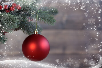 A red ball hangs on a Christmas tree branch. New Year's decor, Christmas card.