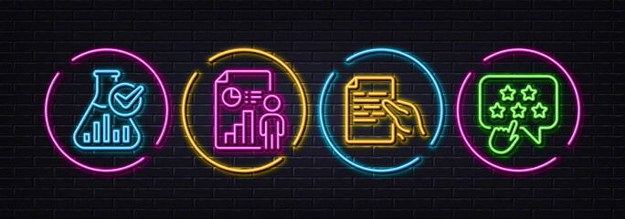 Hold document, Chemistry lab and Business report minimal line icons. Neon laser 3d lights. Ranking star icons. For web, application, printing. Page file, Laboratory flask, Employee statistics. Vector