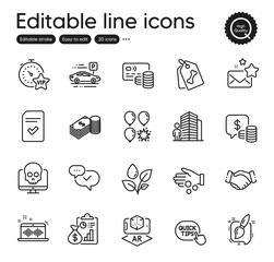 Set of Business outline icons. Contains icons as Vip timer, Savings and Agent elements. Report, Favorite mail, Balloon dart web signs. Approved, Plants watering, Pet tags elements. Vector