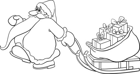 cartoon Santa Claus pulling a sleigh gifts coloring page