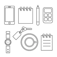 Office icon set, calculator, smartphone, notebook, cup of coffee, watch, pencil and key, black line icons isolated on white background, vector illustration.