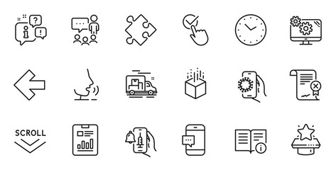 Outline set of People chatting, Vaccine announcement and Scroll down line icons for web application. Talk, information, delivery truck outline icon. Vector