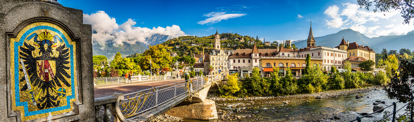 historic buildings at the old town of Meran in italy - obrazy, fototapety, plakaty