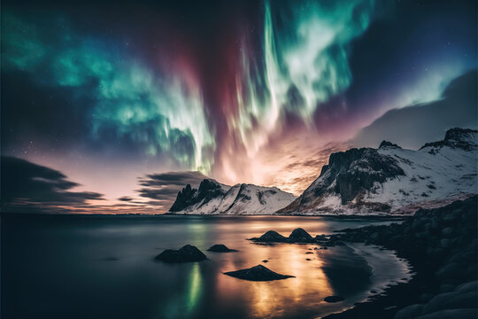Beautiful and unreal Aurora borealis, or Northern Lights and mountains. Hyperrealistic AI-assisted digital art.