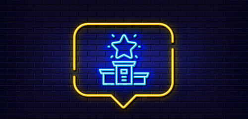 Neon light speech bubble. Winner podium line icon. First place sign. Best rank star symbol. Neon light background. Winner podium glow line. Brick wall banner. Vector
