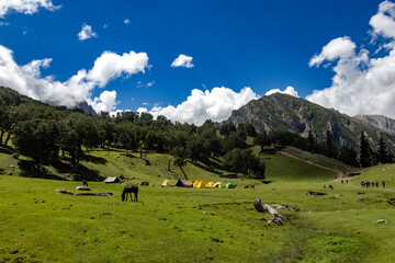 Fototapeta na wymiar Beautiful mountain scenery. River, valley, snow, blue sky, white clouds. In-depth trip on the Sonamarg Hill Trek in Jammu and Kashmir, India