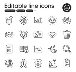 Set of Business outline icons. Contains icons as Vip security, Balloons and Trophy elements. Manual, Discounts cart, Lock web signs. Research, Checklist, Chart elements. Id card. Vector