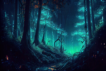 A fantasy mystical forest at night with a path and glowing greenish foggy lights