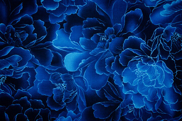 beautiful dark - royal blue vivid texture background. Fabric full of blue flowers