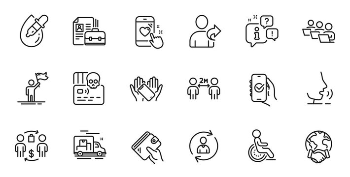 Outline set of Person info, Wallet and Heart rating line icons for web application. Talk, information, delivery truck outline icon. Include Buying process, Eye drops, Disability icons. Vector