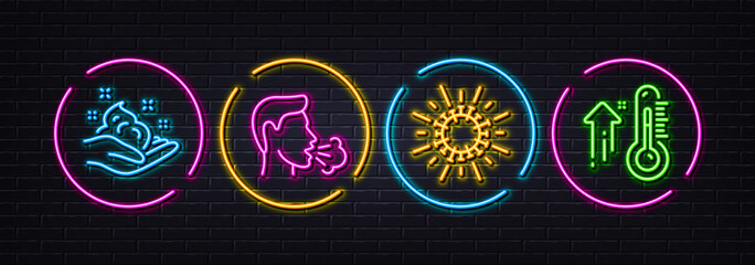 Skin care, Coronavirus and Cough minimal line icons. Neon laser 3d lights. High thermometer icons. For web, application, printing. Hand cream, Infection, Coronavirus symptom. Vector