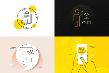 Minimal set of Manual doc, Accounting and Binary code line icons. Phone screen, Quote banners. Algorithm icons. For web development. Project info, Finance clipboard, Programming data. Vector