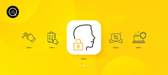 Fototapeta na wymiar Drag drop, Discounts ribbon and Computer security minimal line icons. Yellow abstract background. Unlock system, Checklist icons. For web, application, printing. Vector
