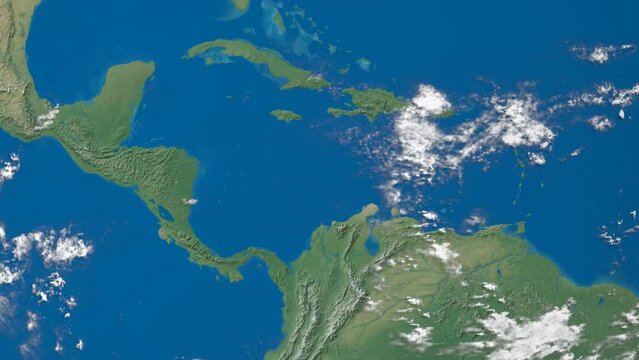 Slowly rotating earth, zooms into Central America, then zooms back out. With high-res clouds.