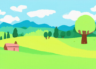 Digital painting beautiful nature landscape, eco green trees, peaceful sky. Graphic design background for banners and prints, web backdrop illustration. Minimalist art.