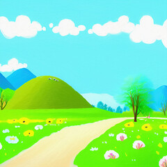 Naklejka premium Digital painting beautiful nature landscape, eco green trees, peaceful sky. Graphic design background for banners and prints, web backdrop illustration. Minimalist art.