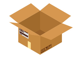 Isometric view of an open cardboard box. Vector.