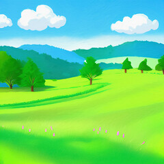 Fototapeta premium Digital painting beautiful nature landscape, eco green trees, peaceful sky. Graphic design background for banners and prints, web backdrop illustration. Minimalist art.