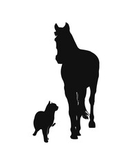 Horse and cat silhouette. Black animal print. Horse and cat together. Isolated on white background.