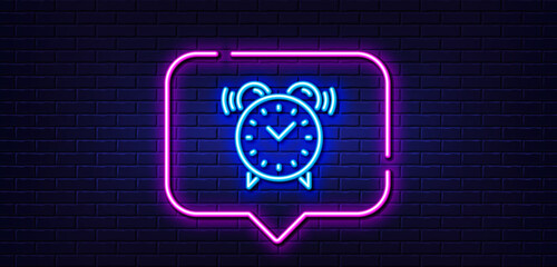 Neon light speech bubble. Alarm clock line icon. Time or watch sign. Neon light background. Alarm clock glow line. Brick wall banner. Vector