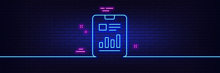 Neon light glow effect. Report document line icon. Analysis Chart or Sales growth sign. Statistics data symbol. 3d line neon glow icon. Brick wall banner. Report document outline. Vector