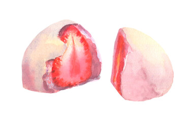 Japanese famous traditional strawberry daifuku, watercolor illustration on white background.