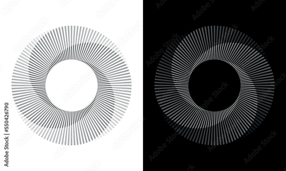 Fototapete Set of circles with lines. Lines in one color with different opacity. Black spiral on white background and white spiral on black background. Dynamic design element with 4 parts.