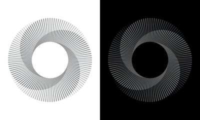 Set of circles with lines. Lines in one color with different opacity. Black spiral on white background and white spiral on black background. Dynamic design element with 4 parts. - obrazy, fototapety, plakaty