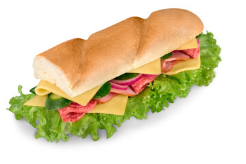 Footlong ham & swiss submarine sandwich isolated on white