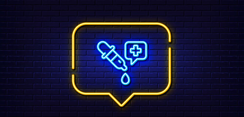 Neon light speech bubble. Chemistry pipette line icon. Laboratory sign. Analysis lab symbol. Neon light background. Chemistry pipette glow line. Brick wall banner. Vector