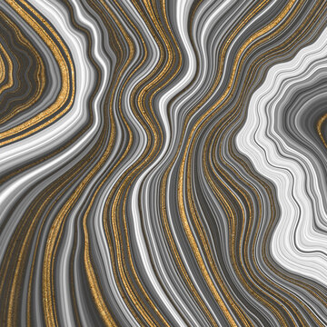 Agate marble surface with umbra gold black and white curly veins. Abstract texture background illustration.