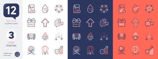 Set of Sale offer, Heart flame and Report line icons. Include Loyalty points, Scroll down, Stars icons. Security statistics, Journey, Upload web elements. Dermatologically tested. Vector