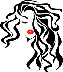 woman with hair. Beautiful sexy face, red lips, fashion woman, element design, curly hairstyle, hair salon sign, icon. Beauty Logo. Vector illustration. Hand drawing style.