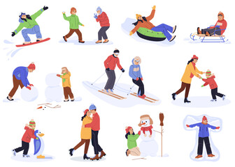 Fototapeta na wymiar Set of isolated winter sports leisure activity cartoon characters. Collection of men and women, adult people and children skiing, ice skating, snowboarding, make snowman. Flat vector illustration