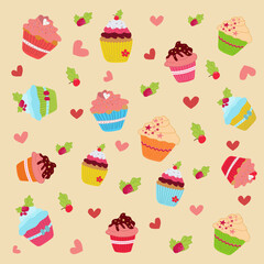 Pattern with delicious cupcakes and hearts. Vector design.